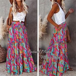 Boho Maxi Skirt High Waist Tie Flowy Summer Beach Skirt Multicolor  with Pockets
